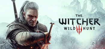 Uma figura de cabelos brancos e armadura, segurando uma espada, contra uma montanha nevada. O logotipo do Witcher Wild Hunt está visível