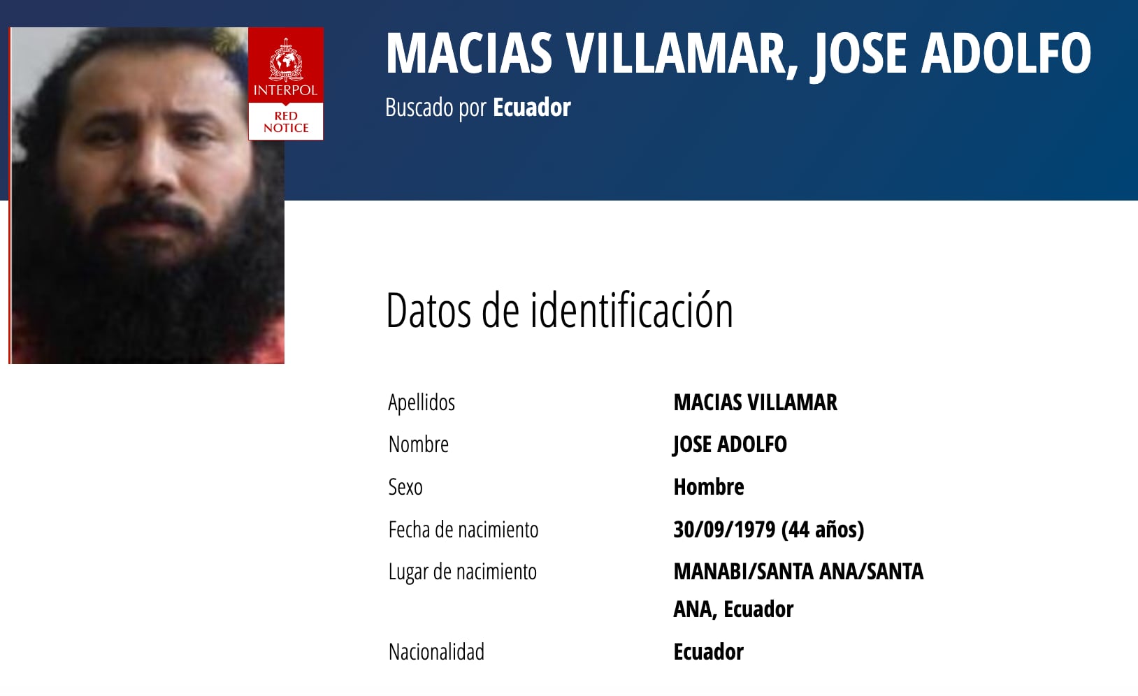 La notificación roja de la Interpol de alias Fito, líder de Los Choneros de Ecuador. Alias Fito ahora está preso en los Estados Unidos.