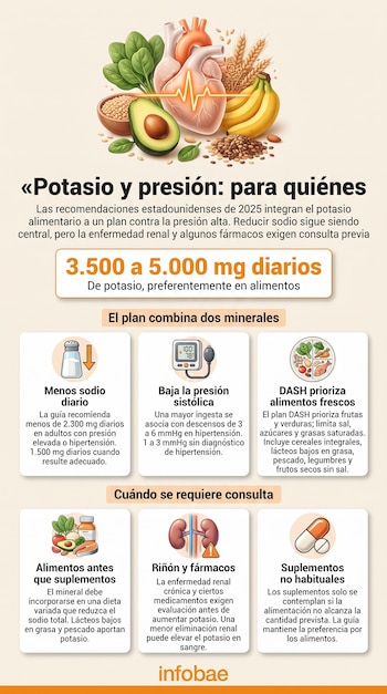 Infografía con ilustraciones de un corazón, alimentos frescos, un tensiómetro, un salero, riñones, pastillas y recuadros explicativos de texto.