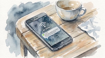 Teléfono celular con pantalla rota y aviso "NO SIGNAL" y "ALERTA: ROBO BANCARIO EN CURSO", junto a una taza y papel en mesa.