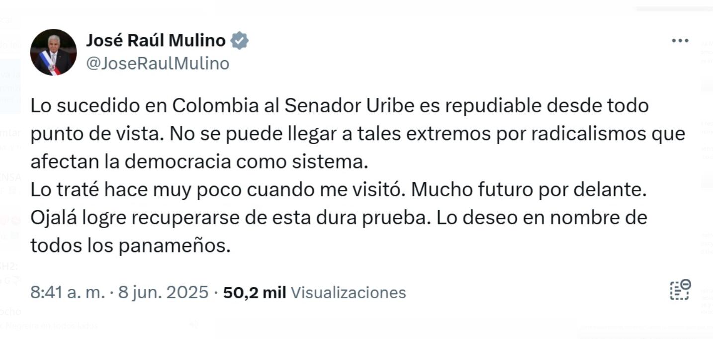El presidente panameño José Raúl Mulino recordó su encuentro reciente con Miguel Uribe Turbay - crédito @JoseRaulMulino/X