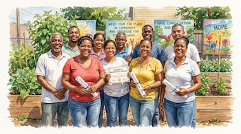 Ilustración acuarela de diez adultos sonriendo con certificados en huerto comunitario, con plantas y lienzos pintados en el fondo.