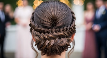Parte trasera de la cabeza de una persona con cabello castaño peinado en trenzas espiga y recogido. El fondo muestra figuras humanas y luces desenfocadas.