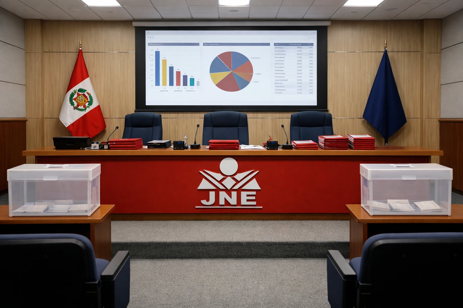 Una sala de audiencia pública de recuento en un tribunal electoral peruano muestra gráficos de resultados en pantalla, mesa frontal con carpetas rojas, el logo del JNE y urnas transparentes. (Imagen Ilustrativa Infobae)