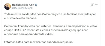 Daniel Noboa, presidente de Ecuador, dijo que su país está listo para ayudar a Colombia - crédito @DanielNoboaOK/X