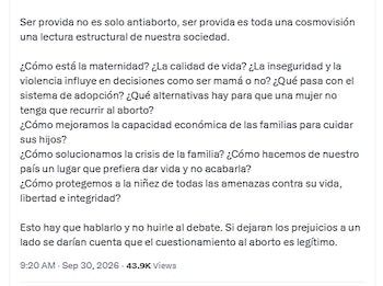 Mensaje de Carol Borda sobre el debate contra el aborto - crédito @CarolBordaA/X