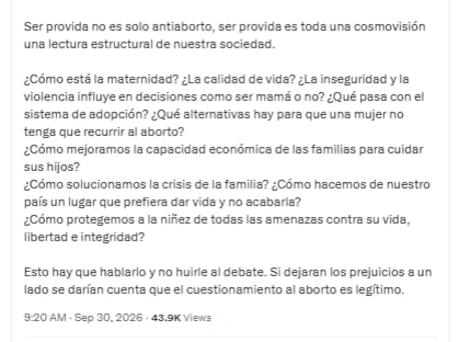 Mensaje de Carol Borda sobre el debate contra el aborto - crédito @CarolBordaA/X