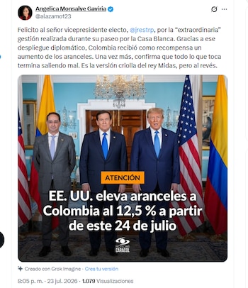 La exfiscal Angélica Monsalve Gaviria crtició al Gobierno entrante de Abelardo de la Espriella por incremento de aranceles - crédito @alazamo123/X