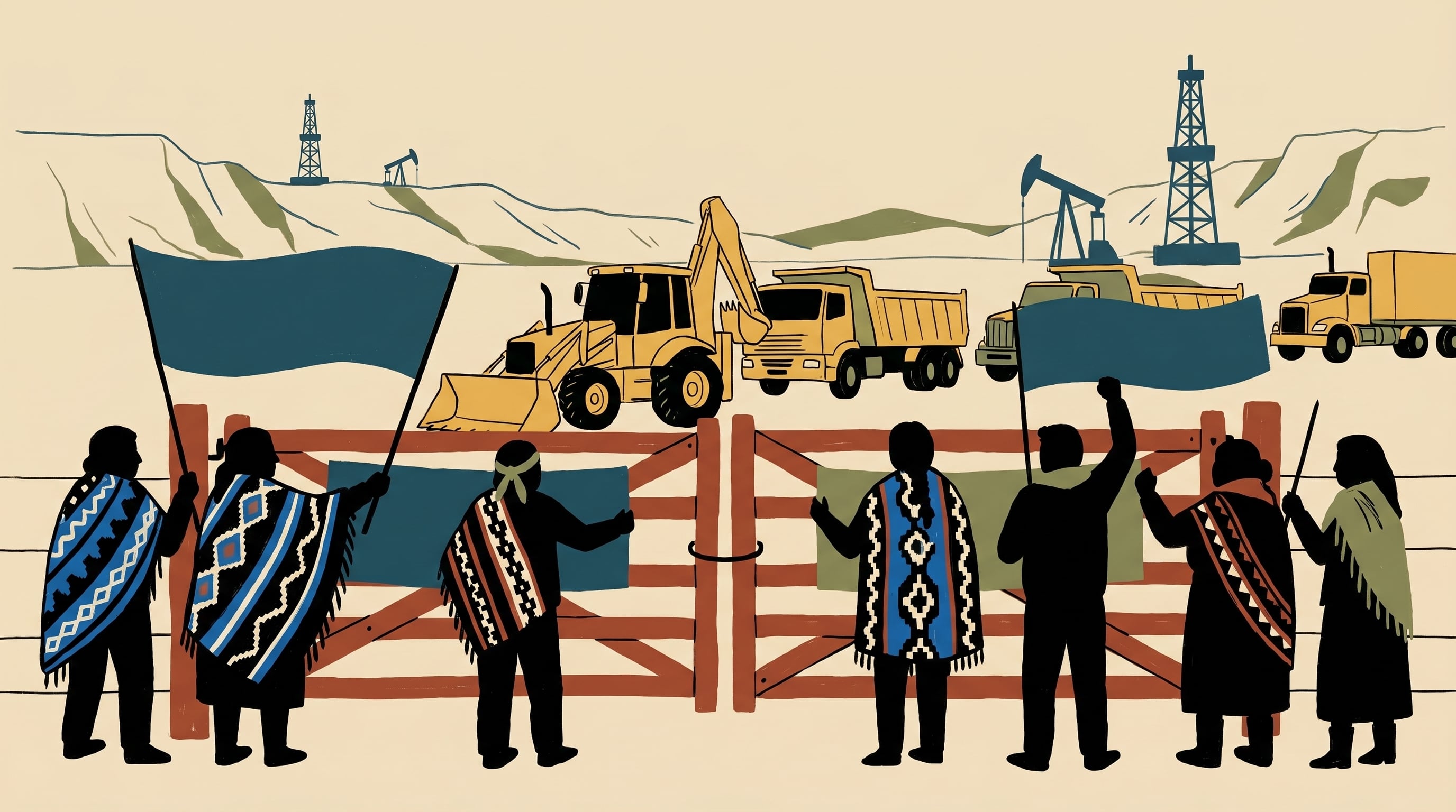 Integrantes de una comunidad mapuche bloquean una tranquera en una cantera de Añelo, Vaca Muerta, deteniendo maquinaria y camiones en un reclamo por sus tierras ancestrales. (Imagen Ilustrativa Infobae)