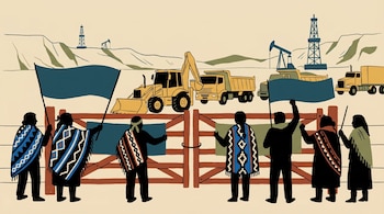 Ilustración: siluetas de personas con mantas mapuches bloquean tranquera. Detrás, maquinaria de construcción, camiones y torres petroleras en un paisaje patagónico.
