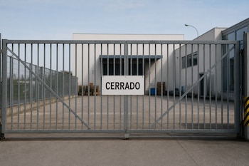 Reja metálica de entrada a un edificio industrial con un cartel blanco que tiene la palabra CERRADO escrita en letras negras.