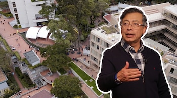 Primer plano de Gustavo Petro con contorno blanco, sobrepuesto a una vista aérea del campus de la Universidad de los Andes con edificios y estudiantes.