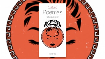 Portada del libro Poemas de Catulo enmarcada sobre un fondo panorámico con el rostro ilustrado de una mujer.