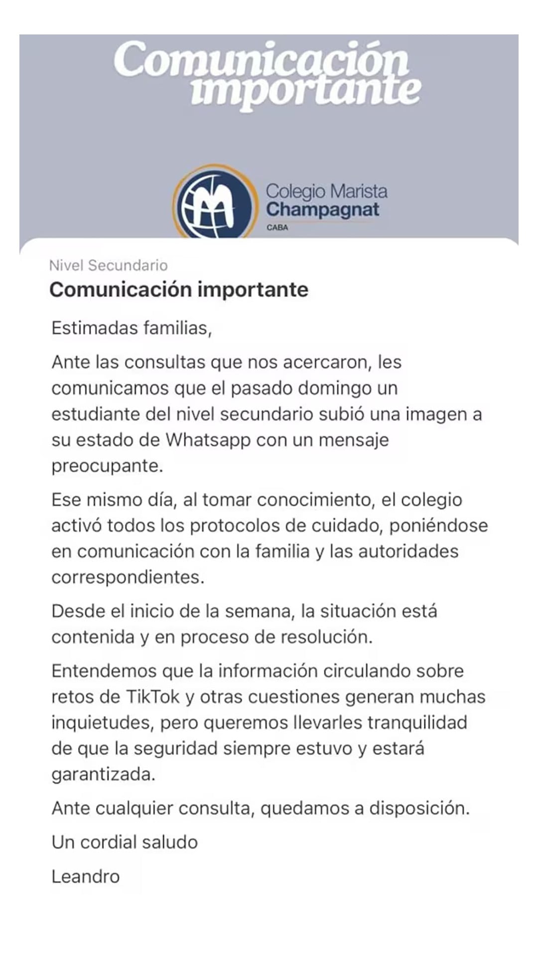El comunicado del Colegio Champagnat