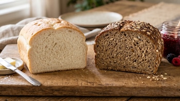 Dos hogazas de pan, una clara (pan de papa) y otra oscura con semillas (pan Graham), rebanadas y dispuestas en una tabla de madera con mantequilla y mermelada de frutos rojos en frasco