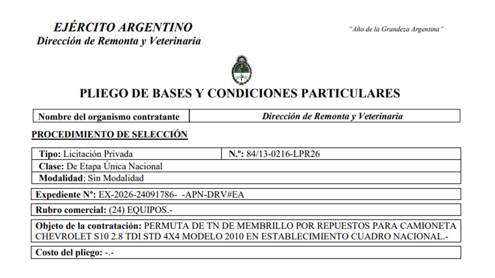 El encabezado del pliego de la licitación