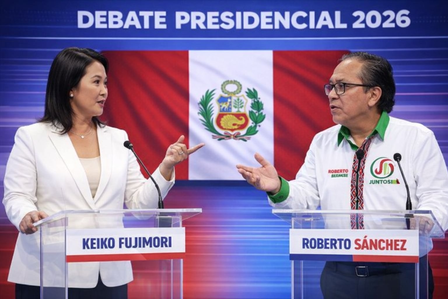 Keiko Fujimori y Roberto Sánchez participan activamente en un debate presidencial para las elecciones de 2026, discutiendo sus propuestas frente a la bandera de Perú. (Imagen Ilustrativa Infobae)