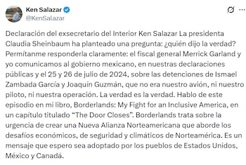 Mensaje del exdiplomático. Crédito: X - @KenSalazar