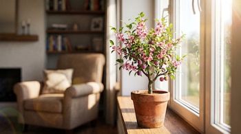 Un pequeño ciruelo en maceta de terracota con flores rosadas y ciruelas moradas en un alféizar soleado, con un living difuminado de fondo.