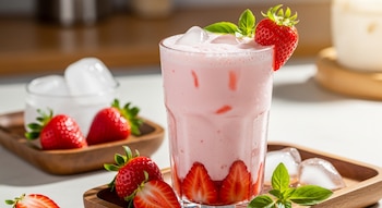 Un vaso alto de agua de fresa cremosa rosa con hielo, fresas y hojas de menta, sobre una mesa, con más fresas y hielo en bandejas de madera.