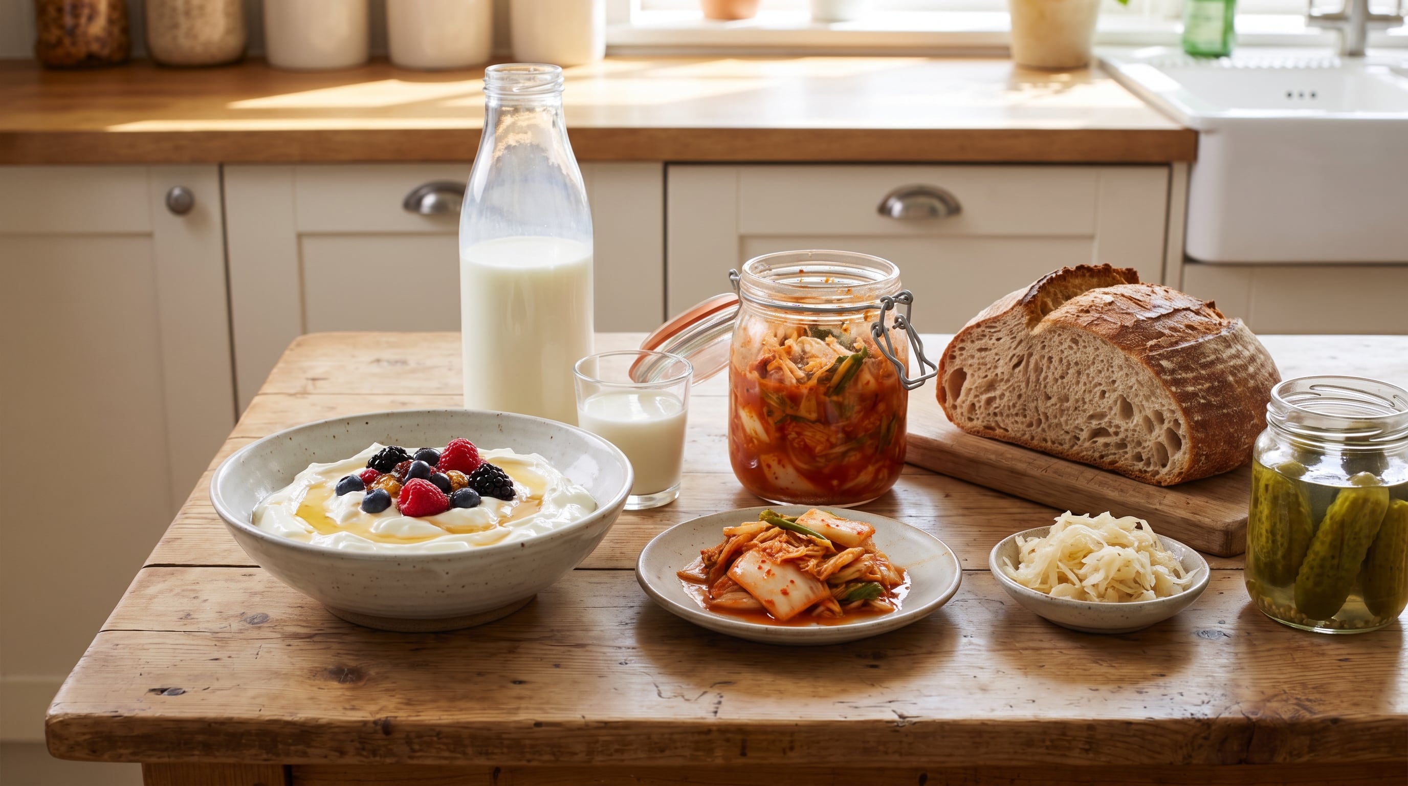 Los probióticos de alimentos fermentados como yogur, kéfir y kimchi favorecen la flora intestinal y fortalecen la respuesta inmunitaria (Imagen Ilustrativa Infobae)