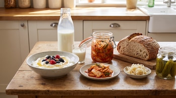 Un recipiente con yogur, bayas y miel, una botella de leche, un frasco de kimchi, un plato con kimchi, un cuenco de chucrut, un tarro de pepinillos y un pan.