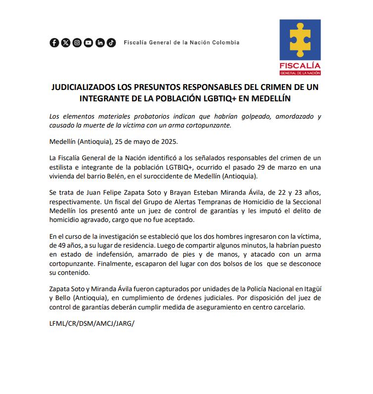 La Fiscalía precisó que en el curso de la investigación se estableció que los dos hombres ingresaron con la víctima, de 49 años, a su lugar de residencia - crédito Fiscalía