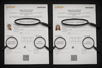 Dos documentos de certificado de nacimiento sobre fondo oscuro con lupas sobre los nombres de las personas inscritas y sus progenitores.