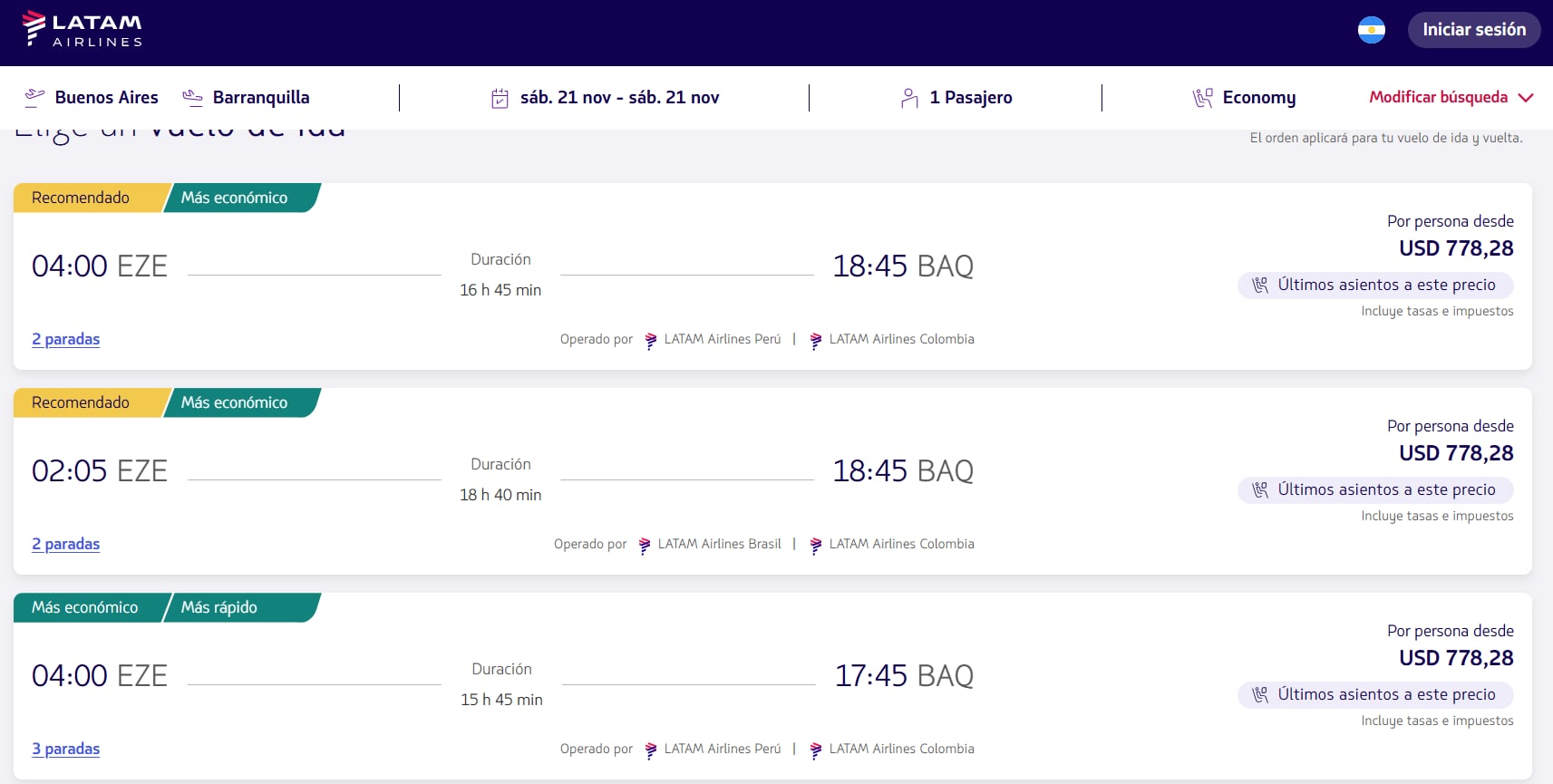 Los vuelos de Buenos Aires a Barranquilla que aparecieron publicados en la página de Latam, el día del anuncio de los vuelos directos entre esas ciudades - crédito Latam.com