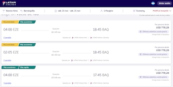 Los vuelos de Buenos Aires a Barranquilla que aparecieron publicados en la página de Latam, el día del anuncio de los vuelos directos entre esas ciudades - crédito Latam.com