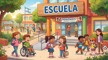 Niños frente a una escuela con la bandera de Argentina, rampas de acceso, carteles explicativos y un perro de asistencia.