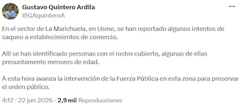 Secretaría de Gobierno reporta intentos de saqueo en Usme, sur de Bogotá - crédito @GAquinteroA/X