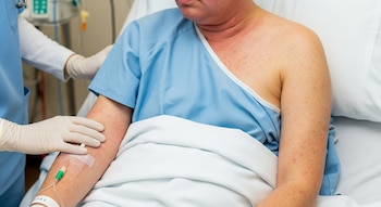 Paciente con bata azul en cama hospitalaria muestra erupción cutánea en cuello, pecho y brazos. Un brazo tiene vía intravenosa, y una enfermera con guantes le atiende.