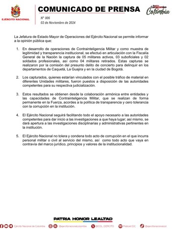 El Ejército capturó a 14 militares por presunto caso de delito de concierto para delinquir - crédito Ejército Nacional