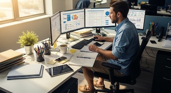 Un hombre con camisa azul y pantalones cortos está sentado en un escritorio con tres monitores de ordenador, teclado, ratón, café y un cuaderno, trabajando.