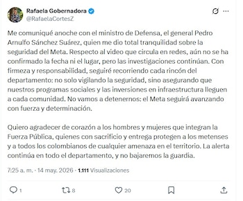 La gobernadora del Meta, Rafaela Cortés, contó detalles de la charla que sostuvo con el ministro de Defensa, Pedro Arnulfo Sánchez - crédito @RafaelaCortesZ/X