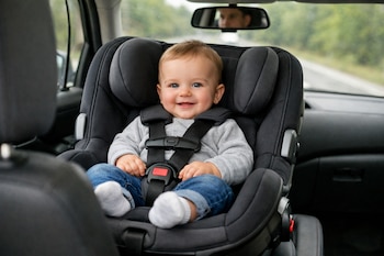 Un bebé sonriente con camisa gris y vaqueros sentado en una silla de seguridad de color negro en el asiento trasero de un coche. Se ve un reflejo en el retrovisor.