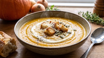 Tazón con sopa crema de zapallo decorada con crema, crutones y semillas, acompañado por una cuchara, pan, cebollas y una calabaza.