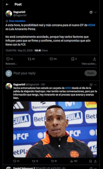 El periodista confirmó el interés del Independiente Medellín en Luis Amaranto Perea-crédito @tiagoaristi/X