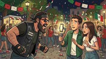 Ilustración de un hombre barbudo con chaleco de cuero gritando a una pareja de jóvenes que sostiene un teléfono celular en una plaza decorada.