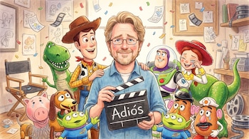 Andrew Stanton sostiene una claqueta de cine con "Adiós", flanqueado por Woody, Buzz Lightyear, Jessie, Rex y otros personajes de Toy Story, con confeti y bocetos.