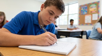 Un joven con polo azul escribe con bolígrafo en un cuaderno de espiral sobre un pupitre, junto a otros alumnos sentados en el aula.