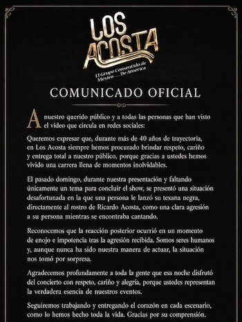 Documento oficial del grupo Los Acosta sobre fondo negro con su logo dorado y el título "COMUNICADO OFICIAL", conteniendo el texto completo