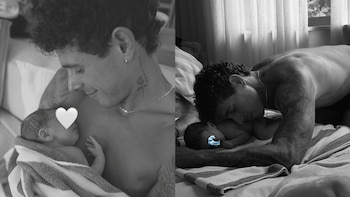 Dos imágenes en blanco y negro: un hombre con tatuajes sostiene a un bebé envuelto en una toalla y el hombre yace junto al bebé sobre una cama