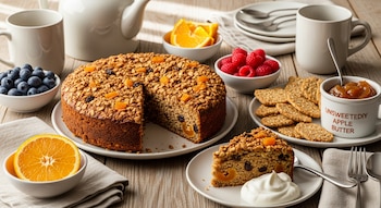 Torta de avena con frutas secas, porción con crema, arándanos, frambuesas, naranja, galletas, mantequilla de manzana, tazas y tetera.