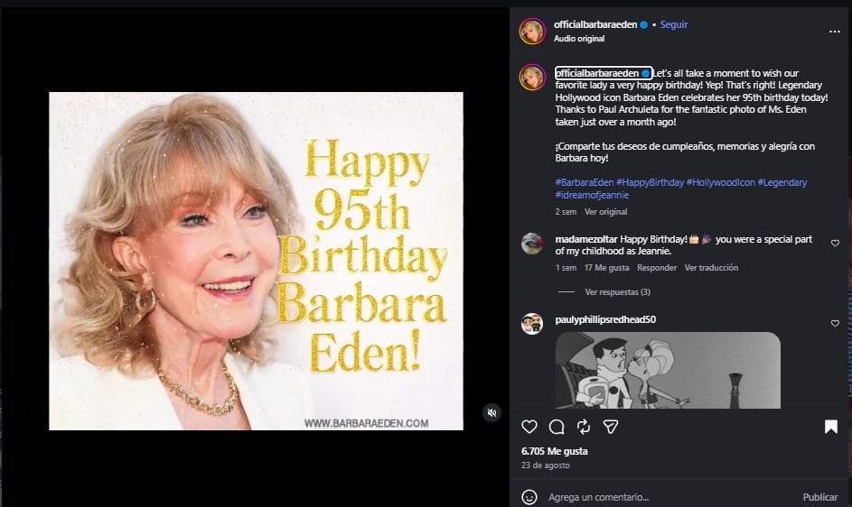 Barbara Eden cumplió 95 años recientemente.