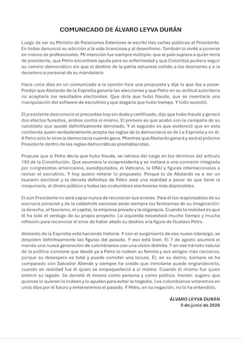 Comunicado Álvaro Leyva - crédito @AlvaroLeyva/X