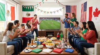 Diez personas de varias edades miran un partido de fútbol en una TV en una sala decorada con banderas de México, Estados Unidos y Canadá. Hay botanas y bebidas en la mesa.