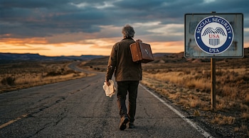 Persona de espaldas caminando por un camino con una valija y papeles, junto a una señal del Seguro Social de Estados Unidos.