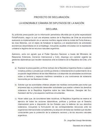 El proyecto de Declaración por los movimientos de una empresa naviera en las Islas Malvinas